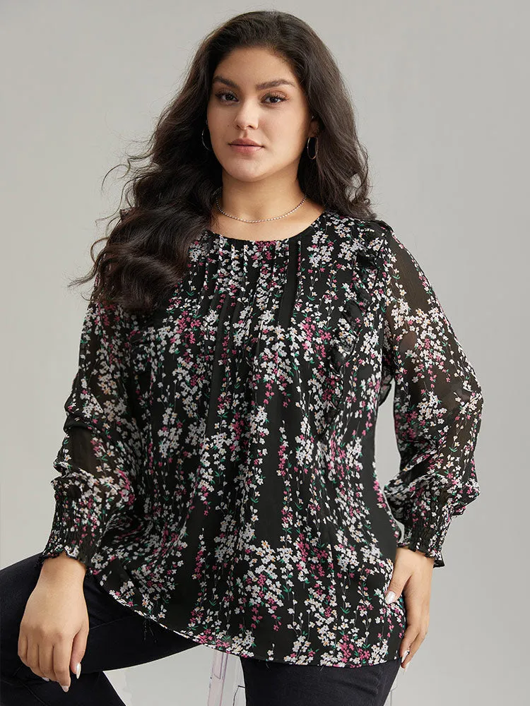 Ditsy Floral Chiffon Ruffles Shirred Pleated Mesh Blouse sold by Bloomchic product image thumbnail 5