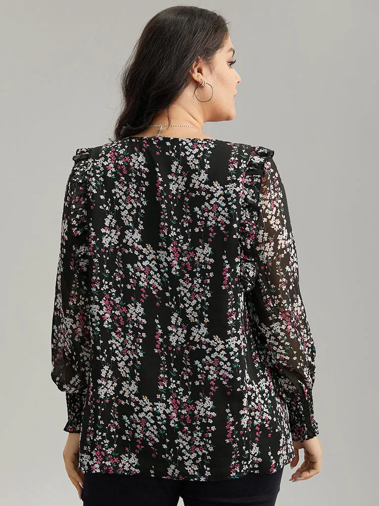 Ditsy Floral Chiffon Ruffles Shirred Pleated Mesh Blouse sold by Bloomchic product image thumbnail 2