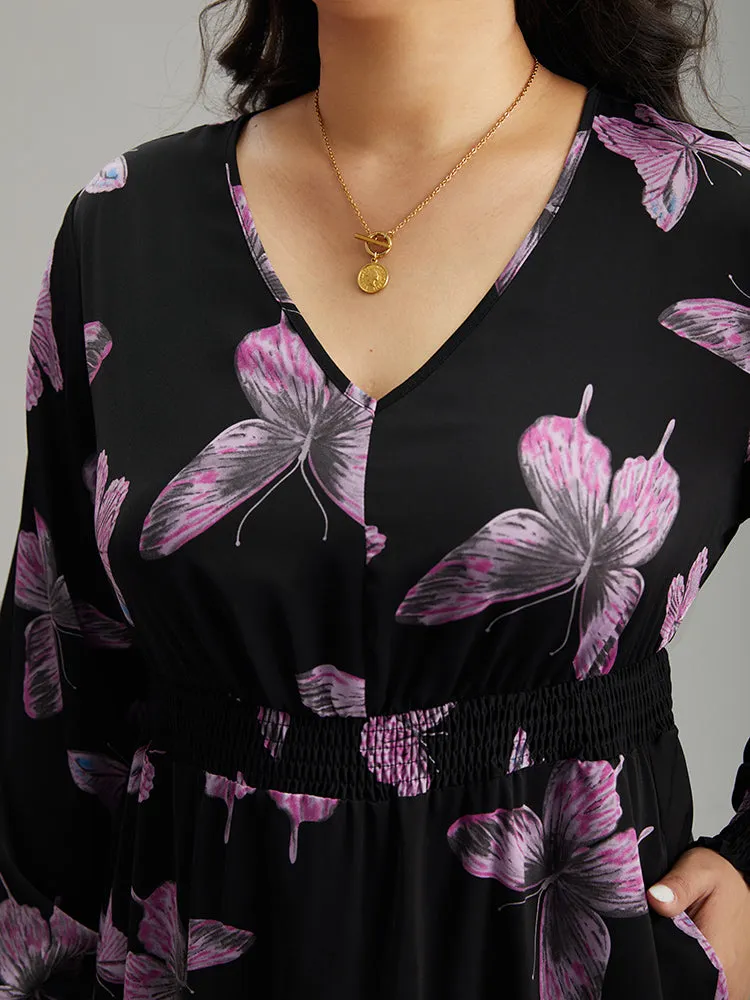 Butterfly Print Pocket Shirred Cuffs Dress sold by Bloomchic product image thumbnail 4