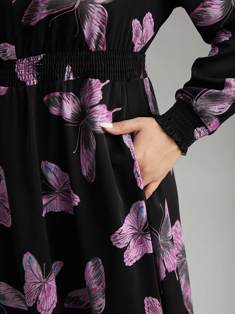 Butterfly Print Pocket Shirred Cuffs Dress sold by Bloomchic product image thumbnail 5