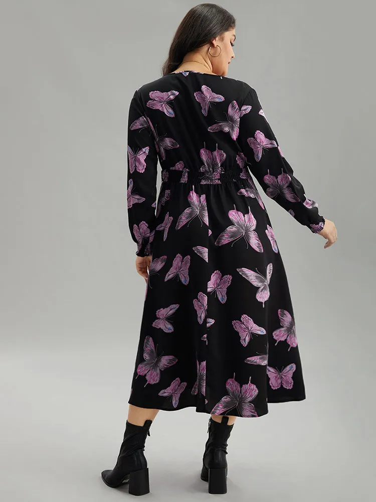 Butterfly Print Pocket Shirred Cuffs Dress sold by Bloomchic product image thumbnail 2
