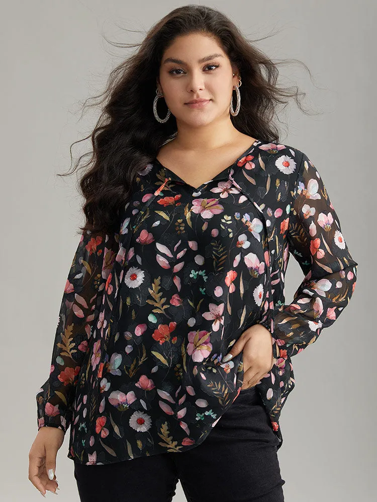 Floral Print Chiffon Knot Neck Lantern Sleeve Blouse sold by Bloomchic