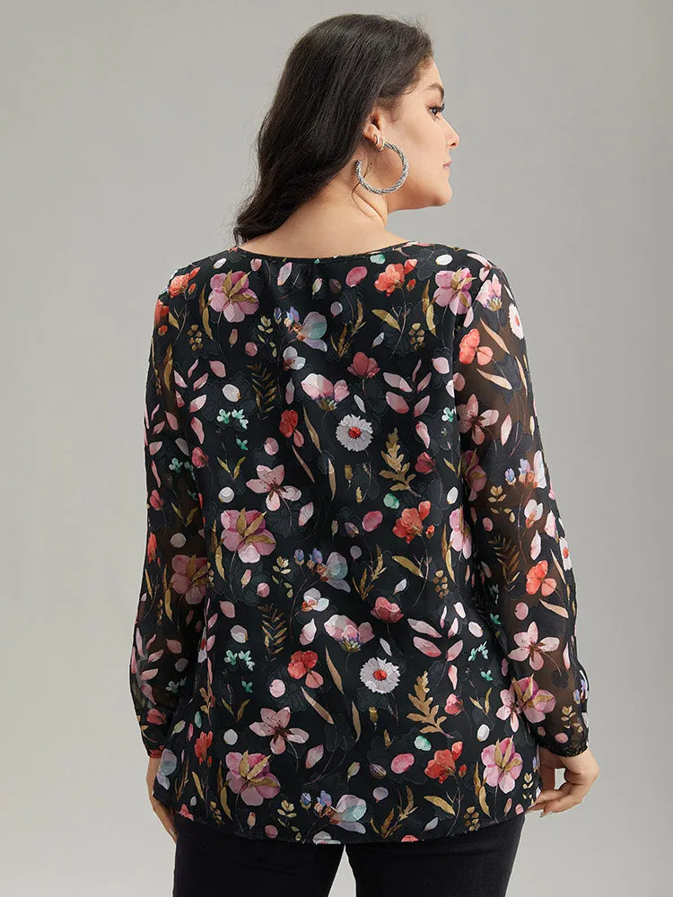 Floral Print Chiffon Knot Neck Lantern Sleeve Blouse sold by Bloomchic product image thumbnail 2