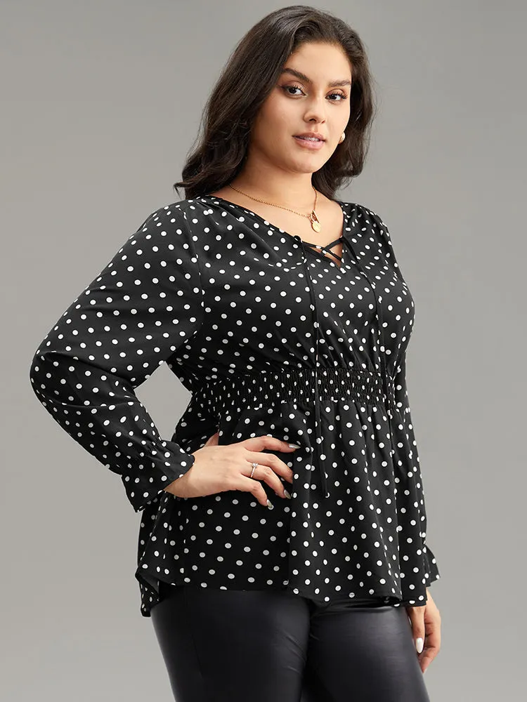 Polka Dot Lace Up Shirred Flutters Blouse sold by Bloomchic