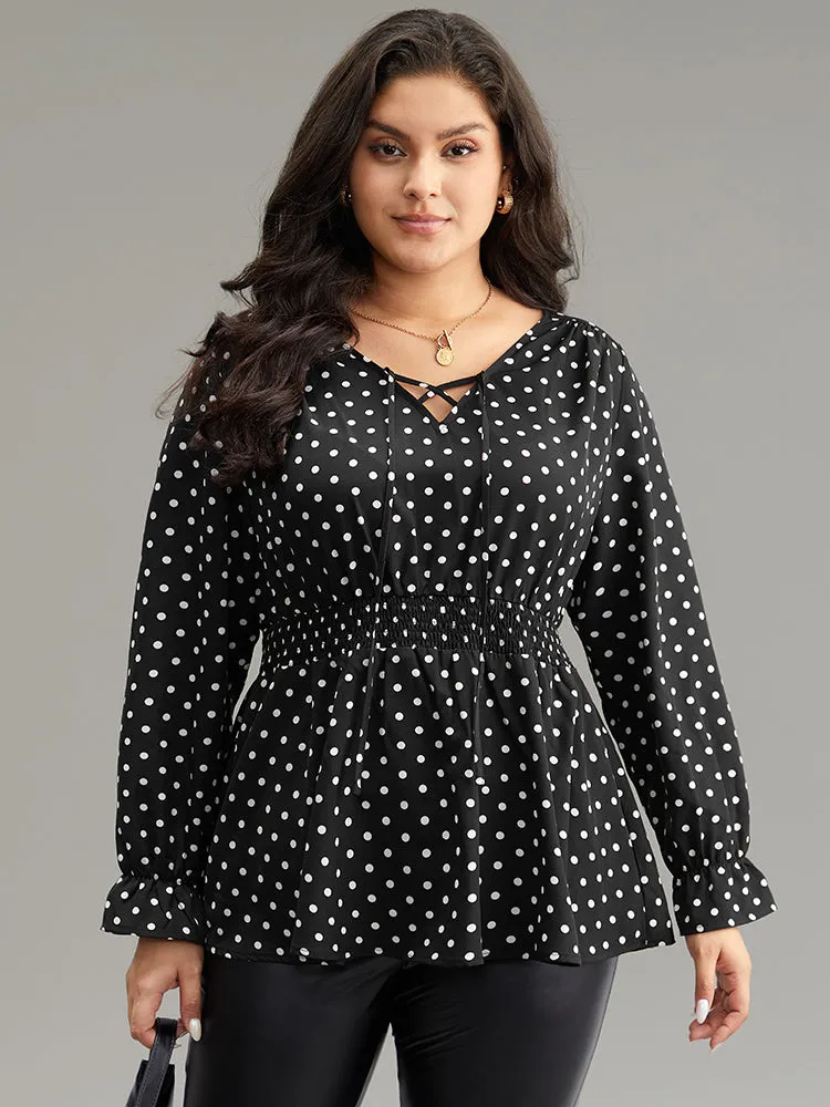 Polka Dot Lace Up Shirred Flutters Blouse sold by Bloomchic product image thumbnail 2