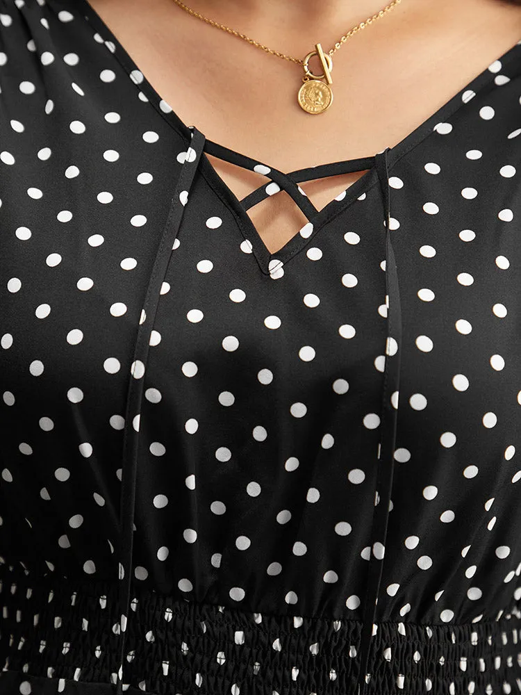Polka Dot Lace Up Shirred Flutters Blouse sold by Bloomchic product image thumbnail 3