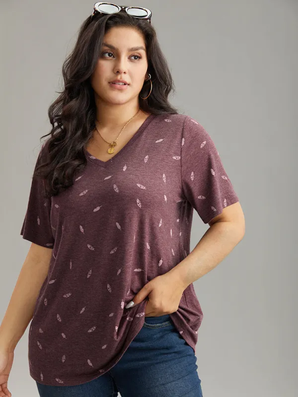 Feather Print V Neck T-shirt sold by Bloomchic
