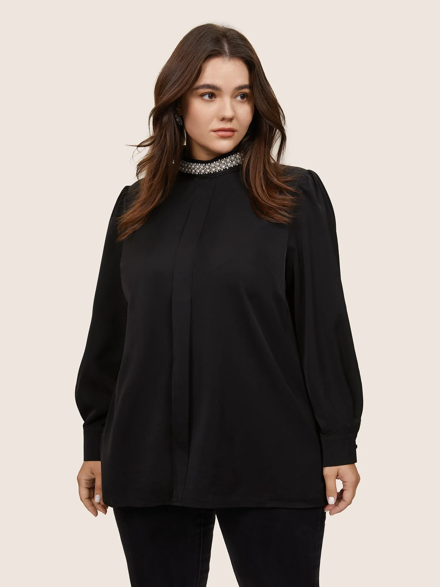 Anti-Wrinkle Pearl Beaded Contrast Webbing Blouse sold by Bloomchic product image thumbnail 4