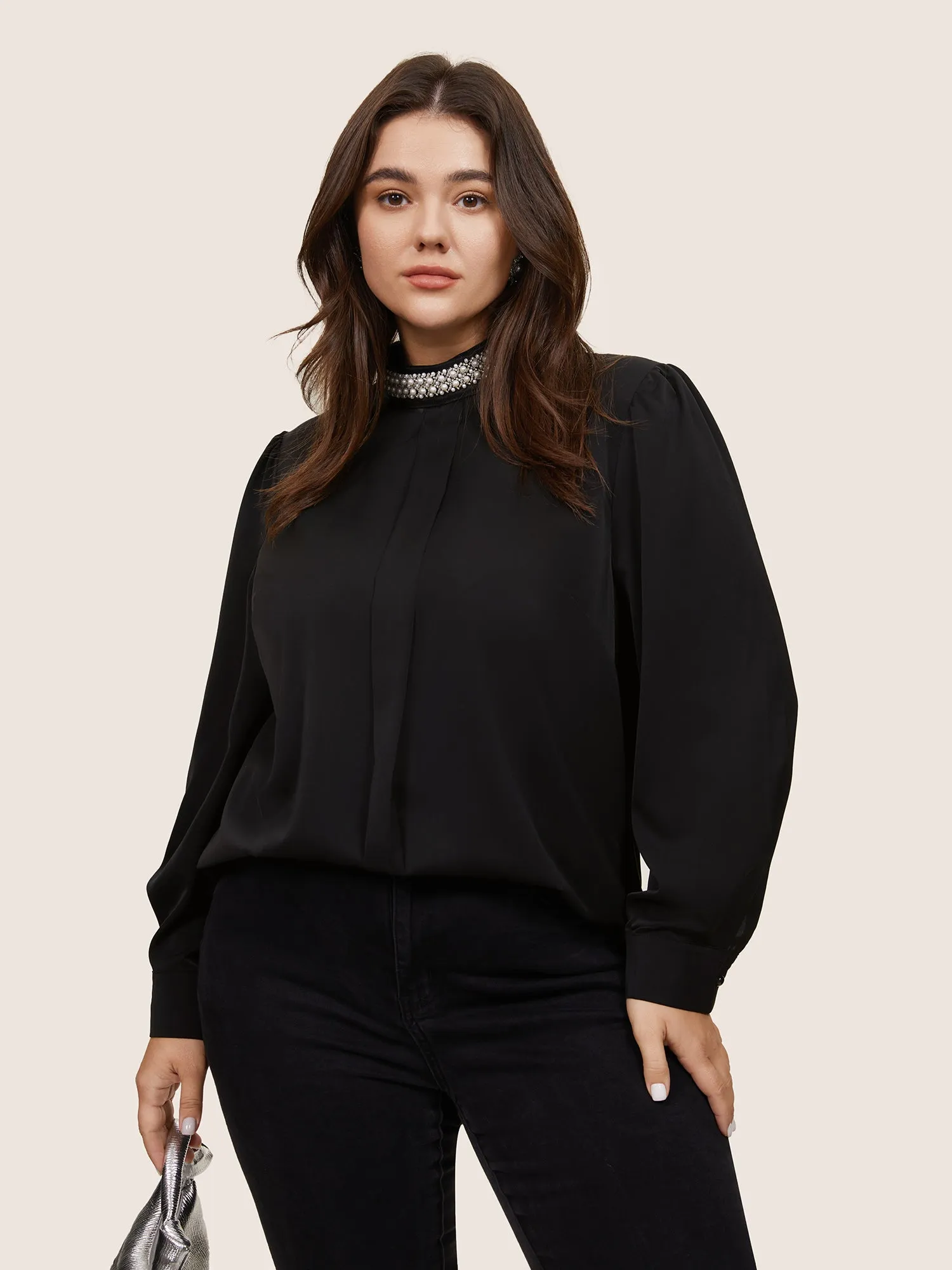 Anti-Wrinkle Pearl Beaded Contrast Webbing Blouse sold by Bloomchic