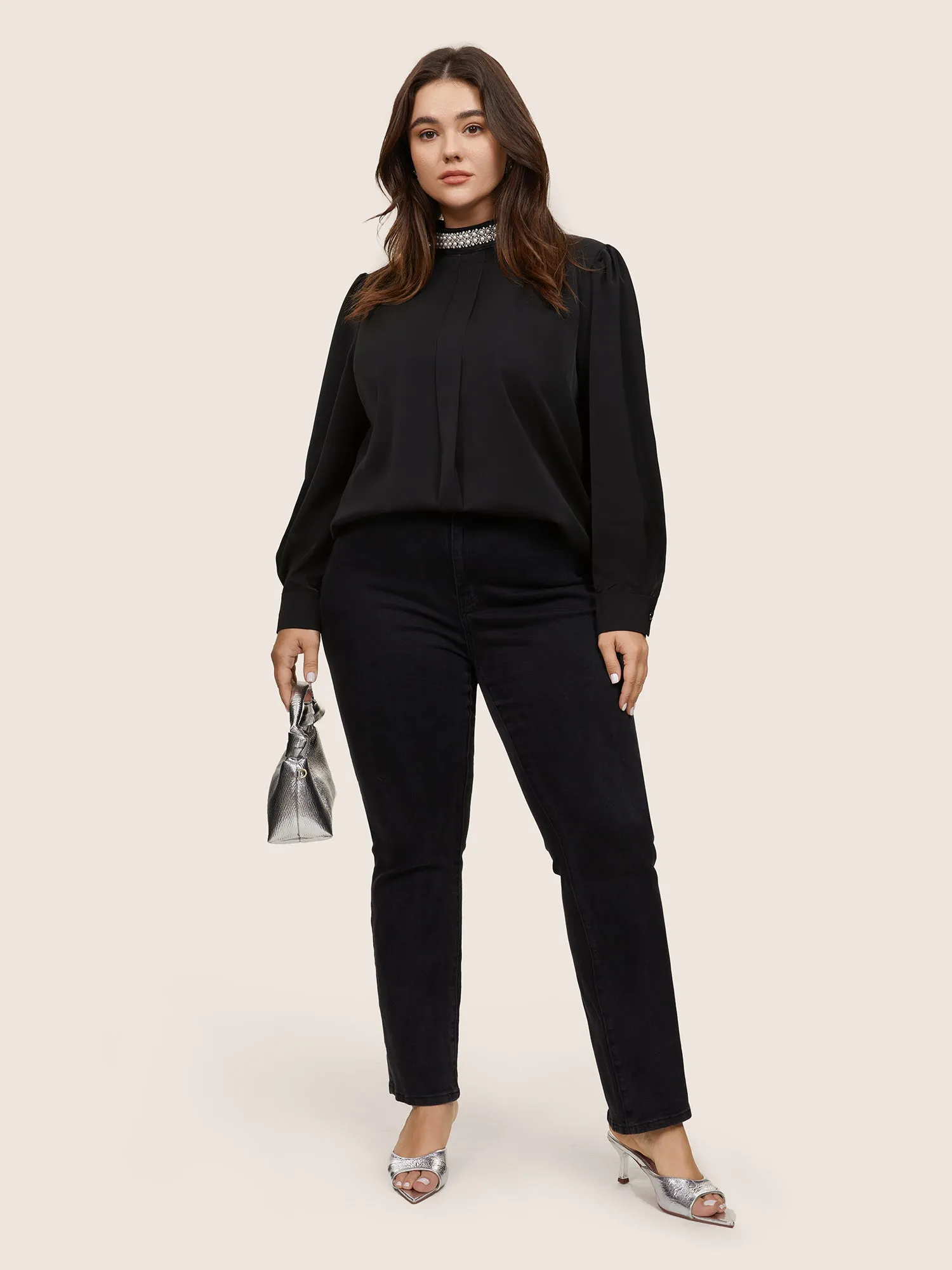 Anti-Wrinkle Pearl Beaded Contrast Webbing Blouse sold by Bloomchic product image thumbnail 2