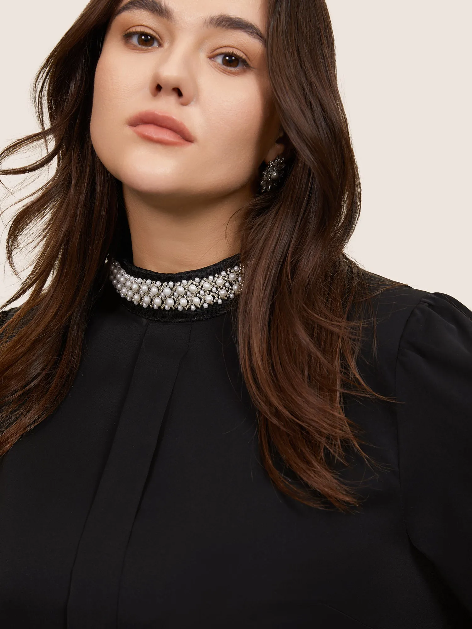 Anti-Wrinkle Pearl Beaded Contrast Webbing Blouse sold by Bloomchic product image thumbnail 3