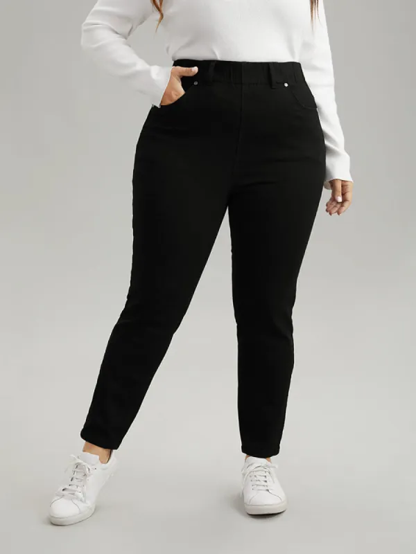 Solid Elastic Waist Pocket Skinny Jeans sold by Bloomchic