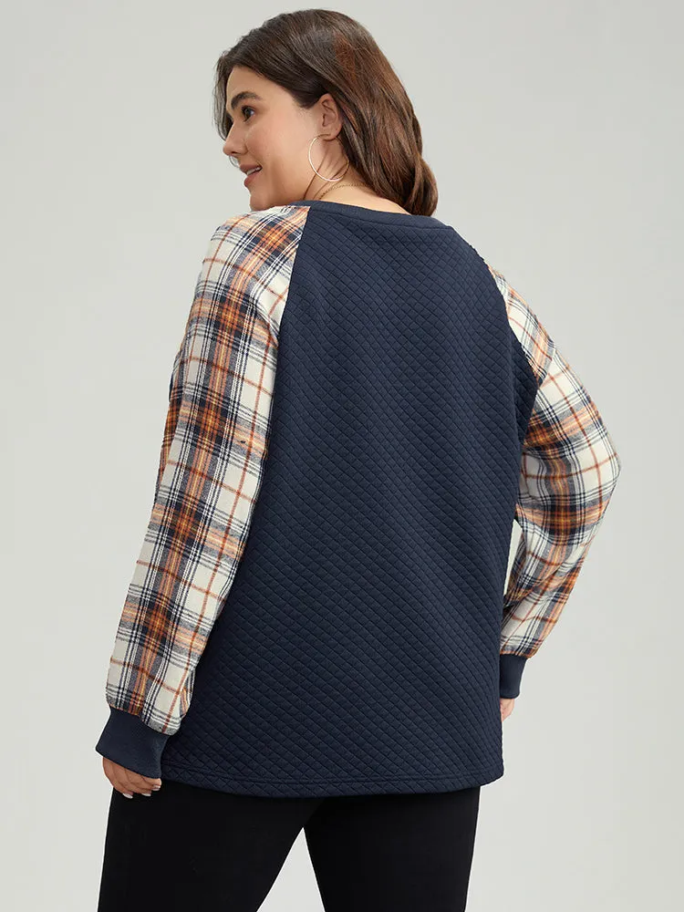 Rib Knit Plaid Patchwork Raglan Sleeve Sweatshirt sold by Bloomchic product image thumbnail 5