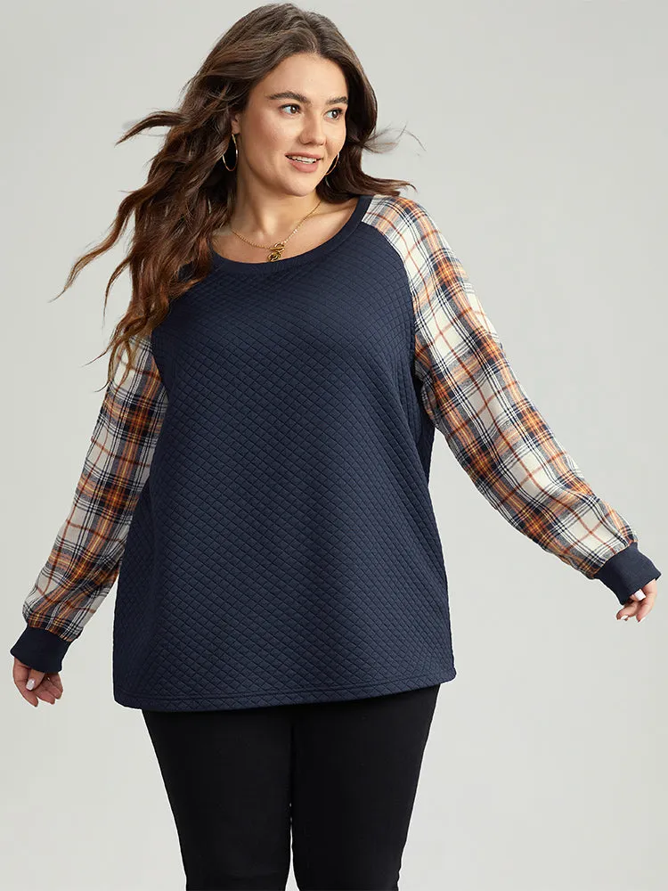 Rib Knit Plaid Patchwork Raglan Sleeve Sweatshirt sold by Bloomchic product image thumbnail 2