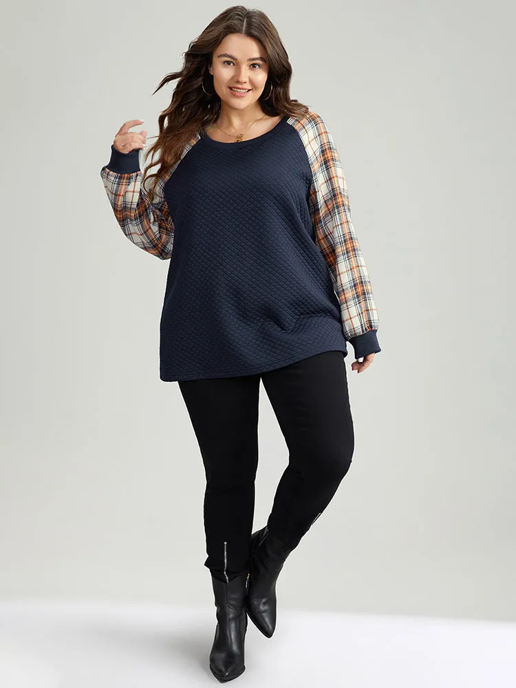 Rib Knit Plaid Patchwork Raglan Sleeve Sweatshirt sold by Bloomchic product image thumbnail 3