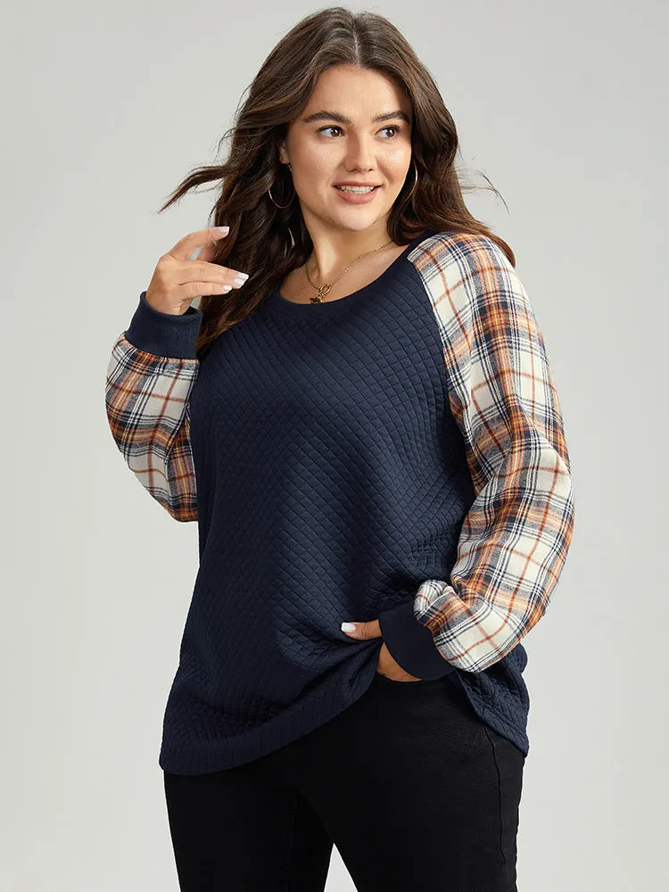 Rib Knit Plaid Patchwork Raglan Sleeve Sweatshirt sold by Bloomchic product image thumbnail 4