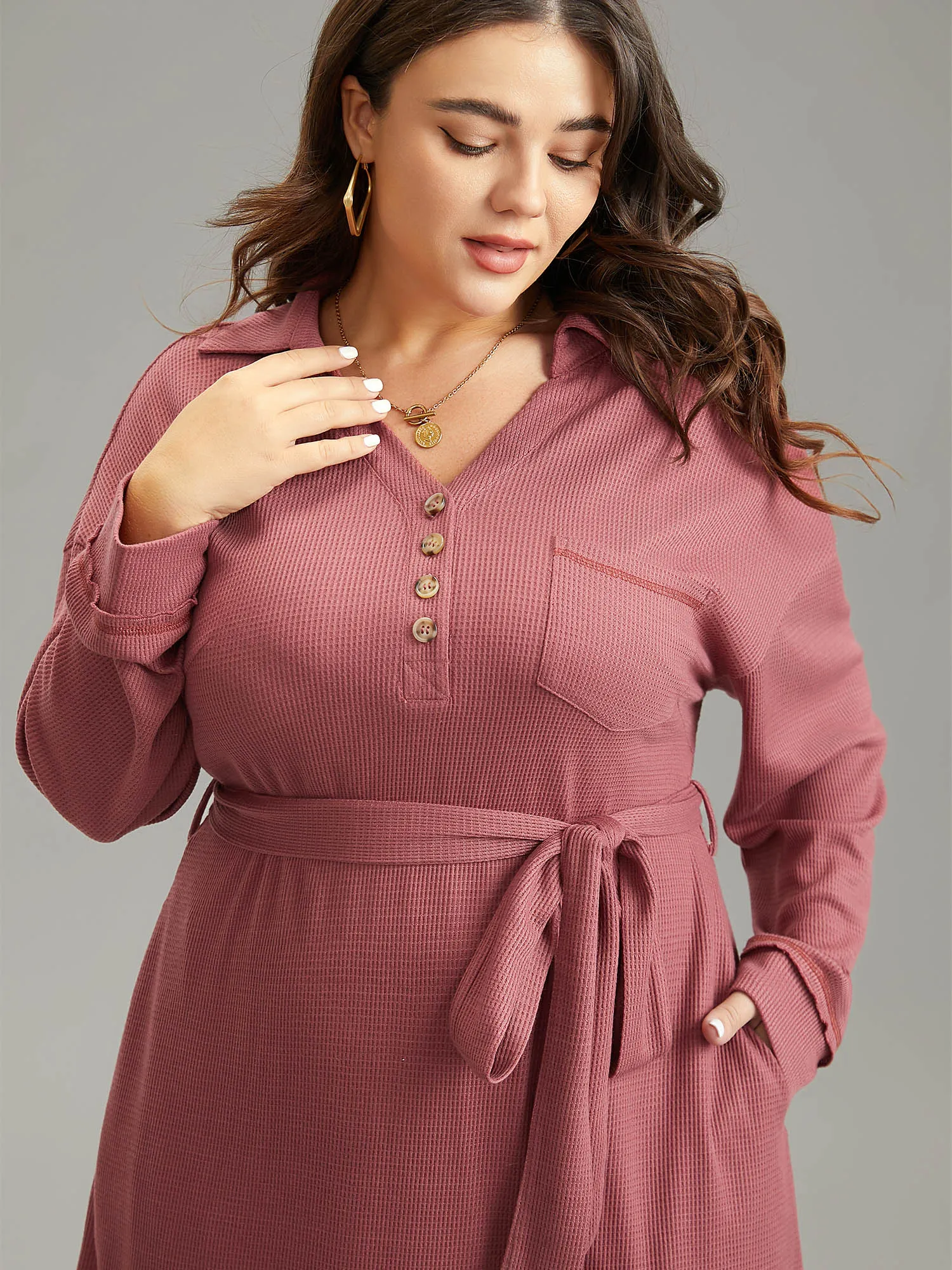 Waffle Knit Belted Lapel Collar Pocket Dress sold by Bloomchic product image thumbnail 4