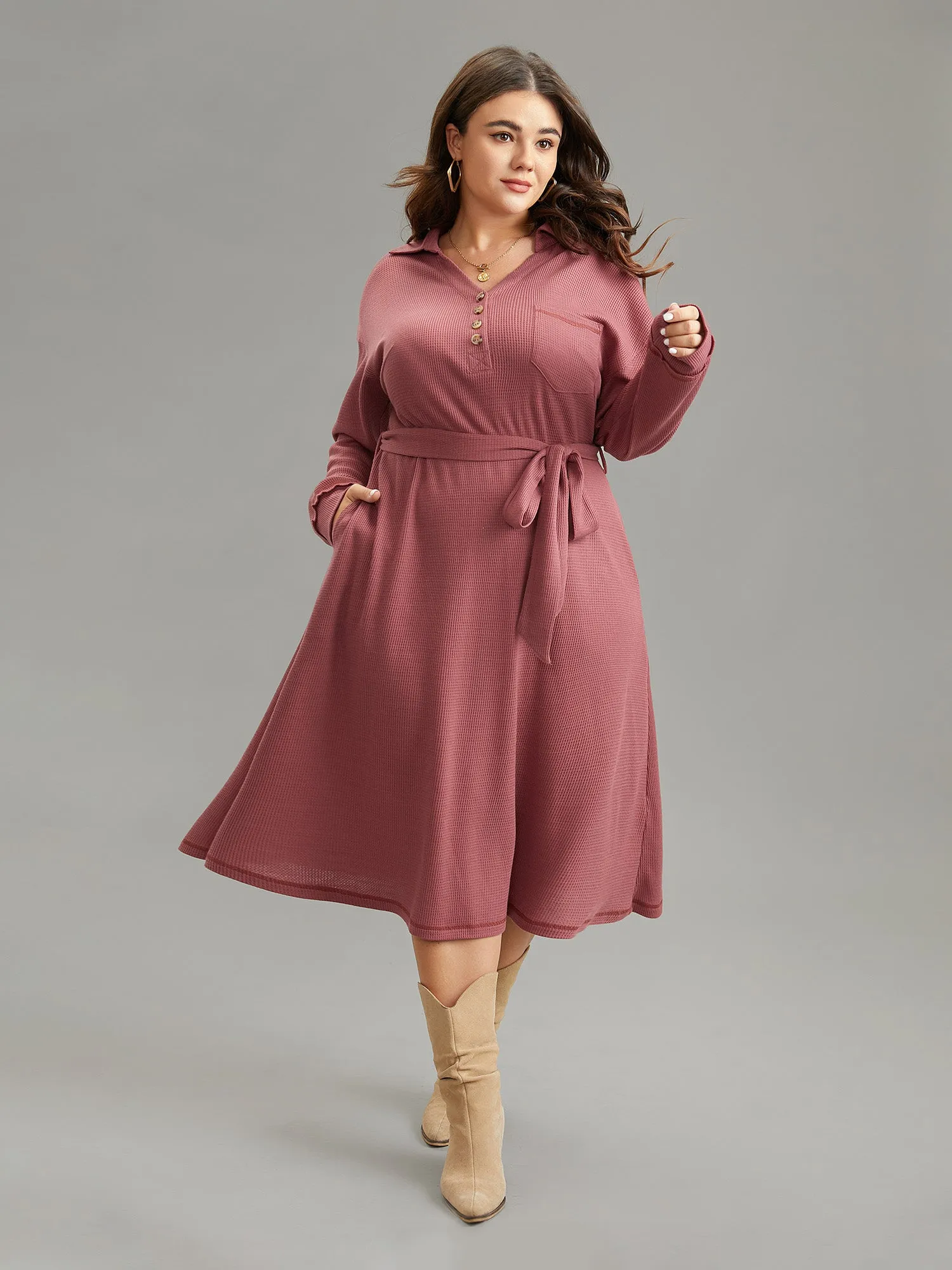 Waffle Knit Belted Lapel Collar Pocket Dress sold by Bloomchic