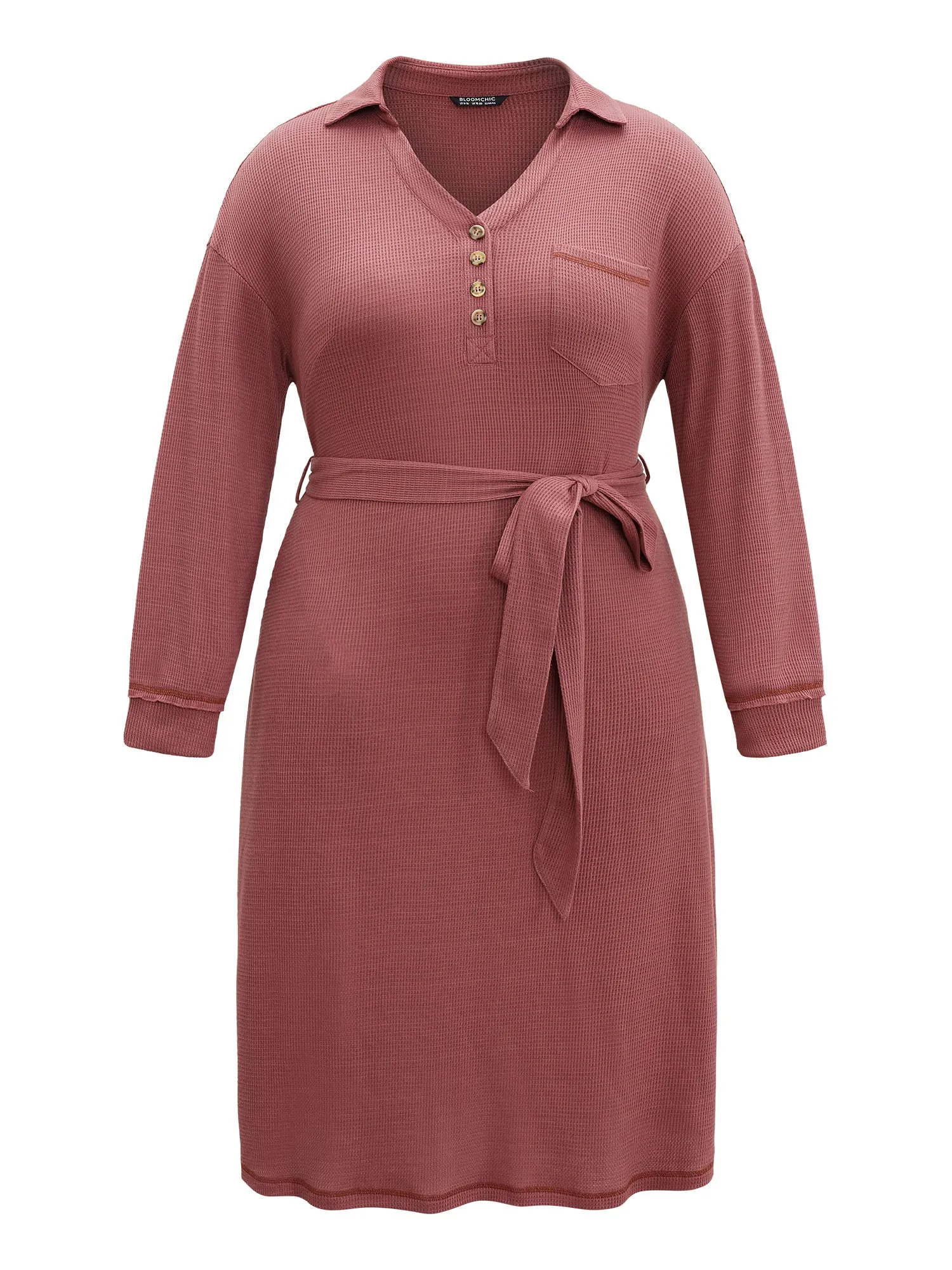 Waffle Knit Belted Lapel Collar Pocket Dress sold by Bloomchic product image thumbnail 5