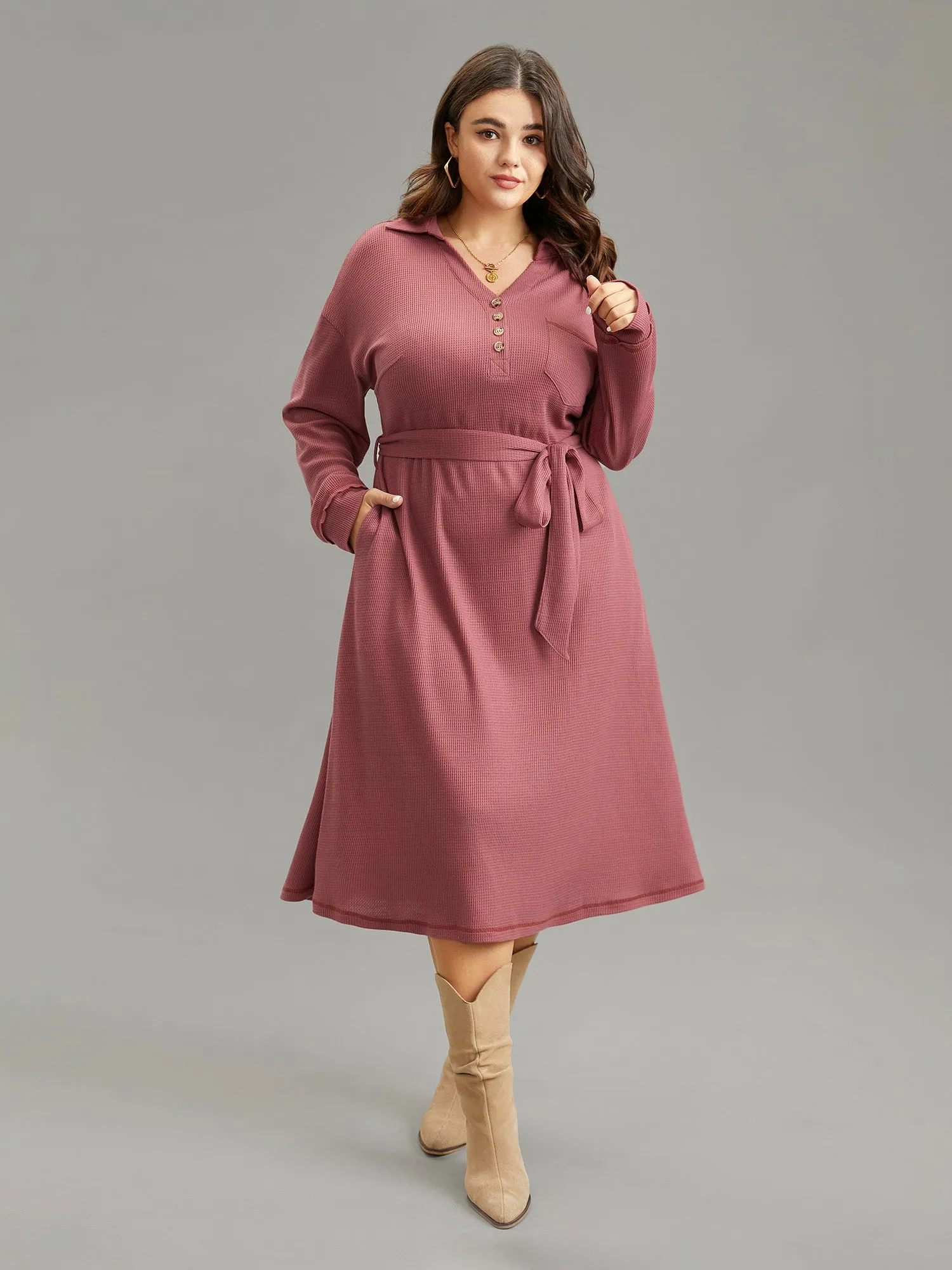 Waffle Knit Belted Lapel Collar Pocket Dress sold by Bloomchic product image thumbnail 2