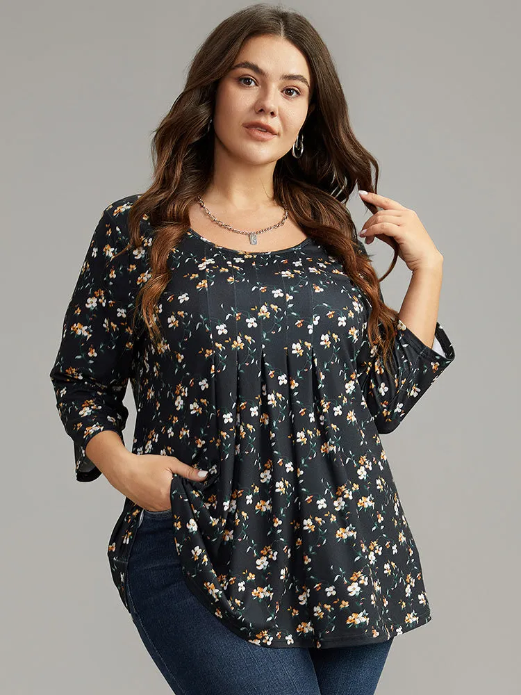 Ditsy Floral Crew Neck Plicated Detail T-shirt sold by Bloomchic