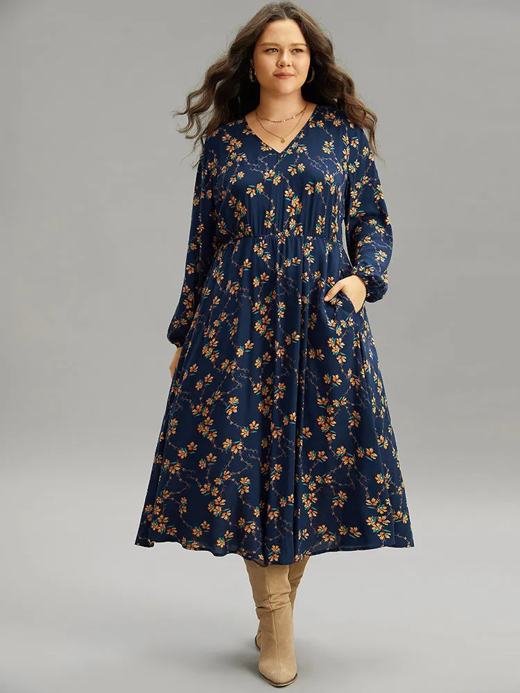 Floral Print Elastic Waist Lantern Sleeve Dress sold by Bloomchic product image thumbnail 2