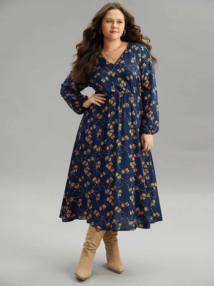 Floral Print Elastic Waist Lantern Sleeve Dress sold by Bloomchic