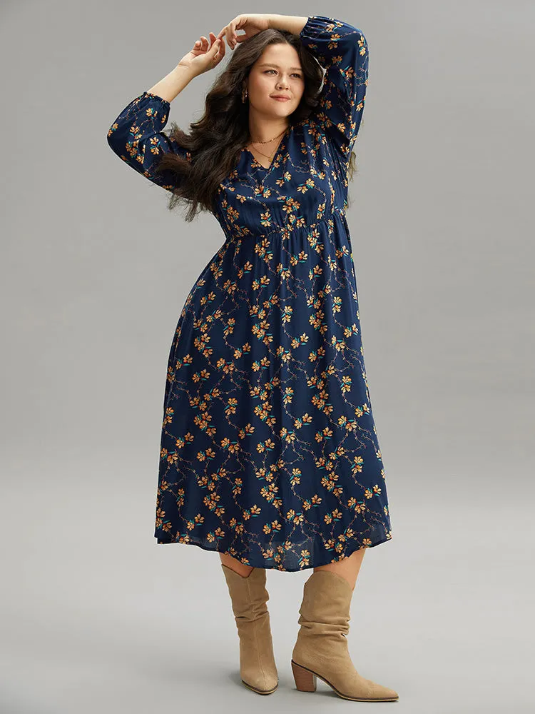 Floral Print Elastic Waist Lantern Sleeve Dress sold by Bloomchic product image thumbnail 4