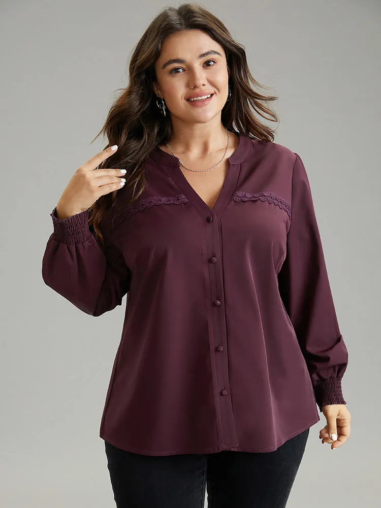 Notched Guipure Lace Button Through Shirred Blouse sold by Bloomchic