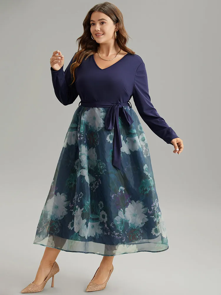 Floral Print Belted Patchwork Mesh Dress sold by Bloomchic product image thumbnail 4
