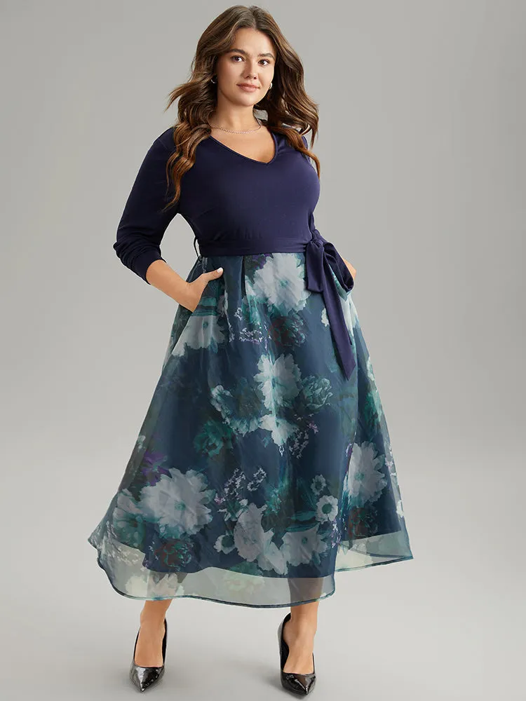 Floral Print Belted Patchwork Mesh Dress sold by Bloomchic product image thumbnail 3