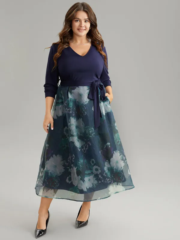Floral Print Belted Patchwork Mesh Dress sold by Bloomchic