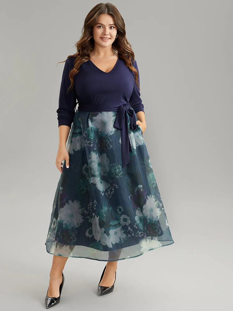 Floral Print Belted Patchwork Mesh Dress sold by Bloomchic