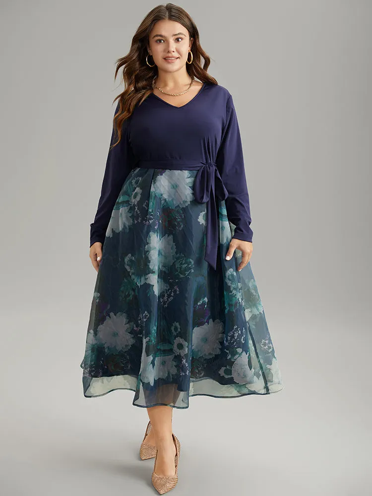 Floral Print Belted Patchwork Mesh Dress sold by Bloomchic product image thumbnail 5