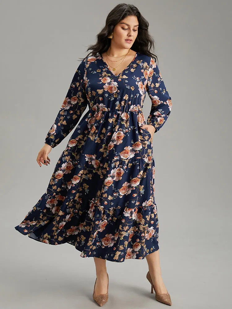 Floral Print Pocket Elastic Waist V Neck Dress sold by Bloomchic product image thumbnail 5