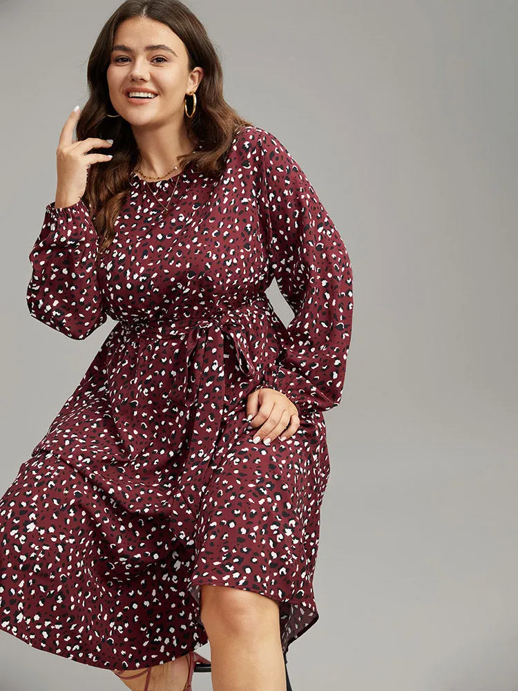 Allover Print Elastic Cuffs Frill Trim Belted Dress sold by Bloomchic product image thumbnail 4