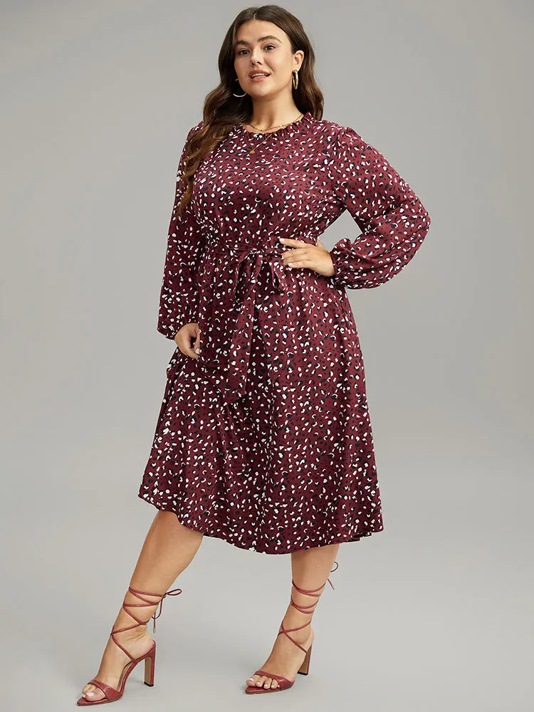 Allover Print Elastic Cuffs Frill Trim Belted Dress sold by Bloomchic