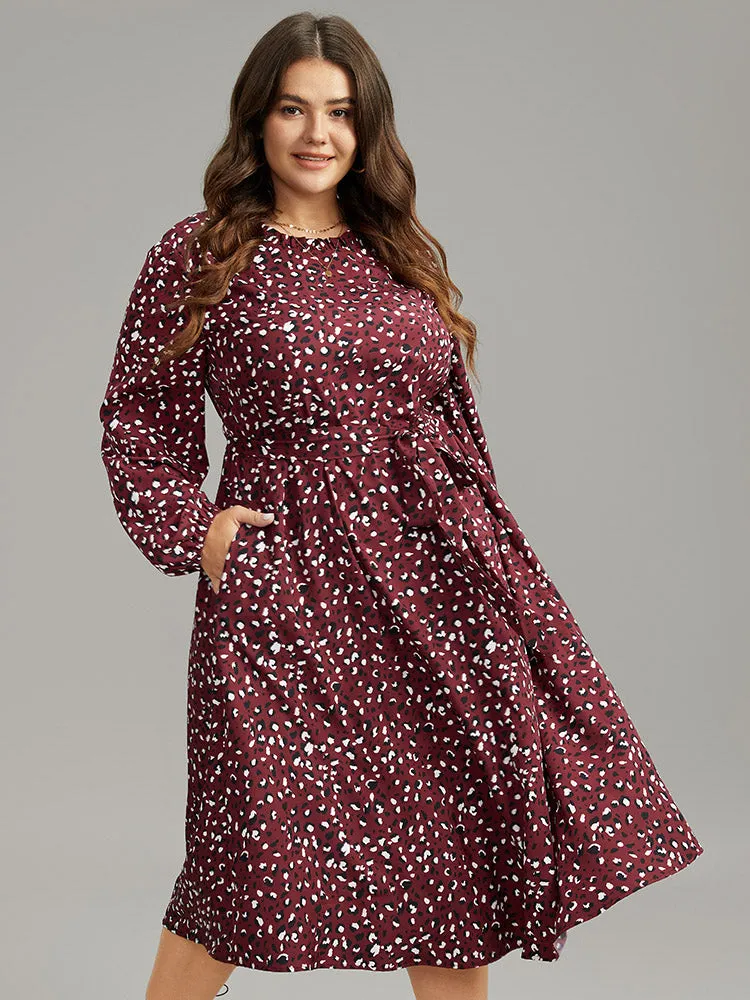 Allover Print Elastic Cuffs Frill Trim Belted Dress sold by Bloomchic product image thumbnail 2