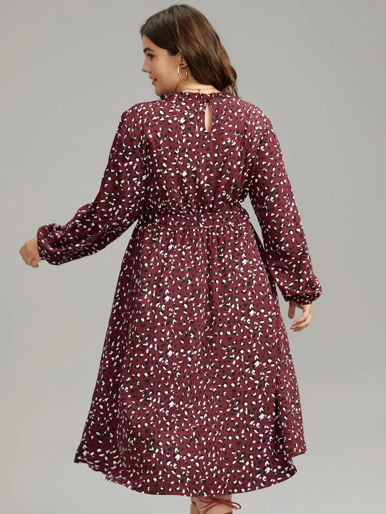 Allover Print Elastic Cuffs Frill Trim Belted Dress sold by Bloomchic product image thumbnail 3