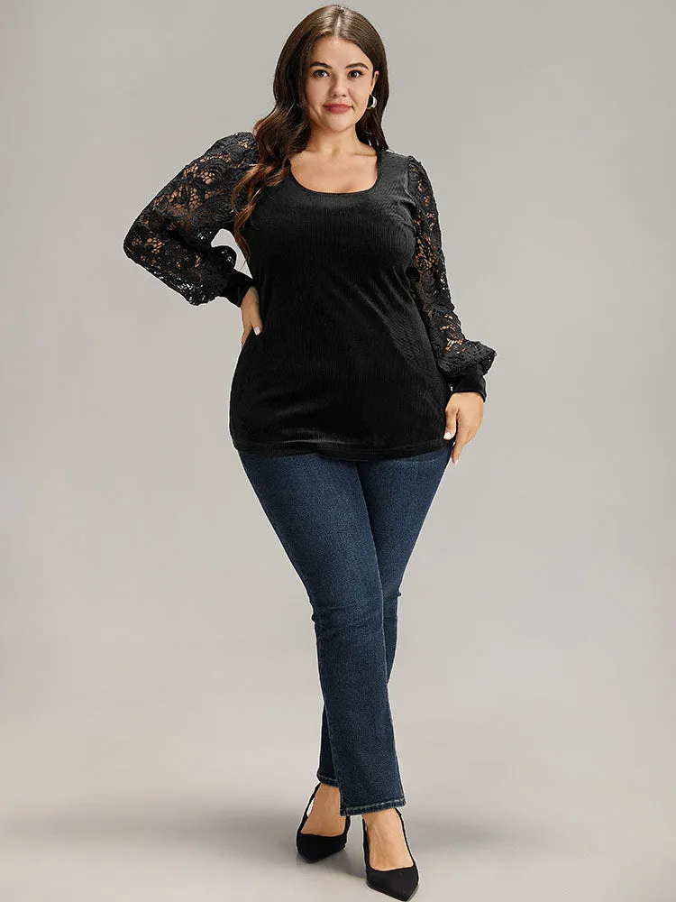 Lace Patchwork Square Neck Lantern Sleeve T-shirt sold by Bloomchic product image thumbnail 5