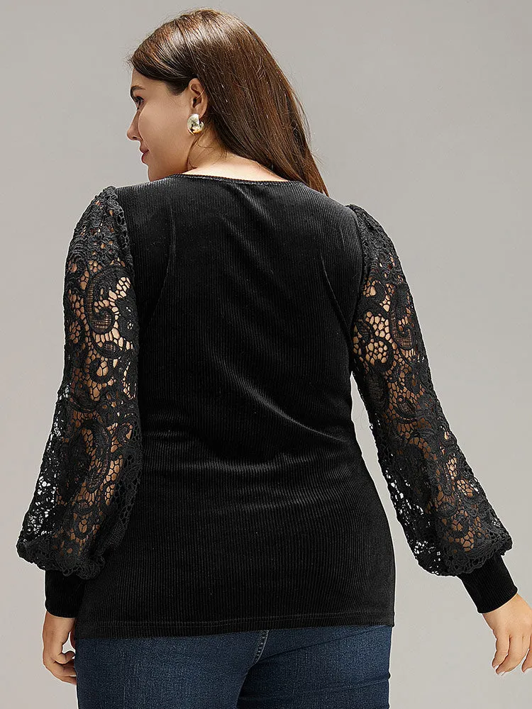 Lace Patchwork Square Neck Lantern Sleeve T-shirt sold by Bloomchic product image thumbnail 2