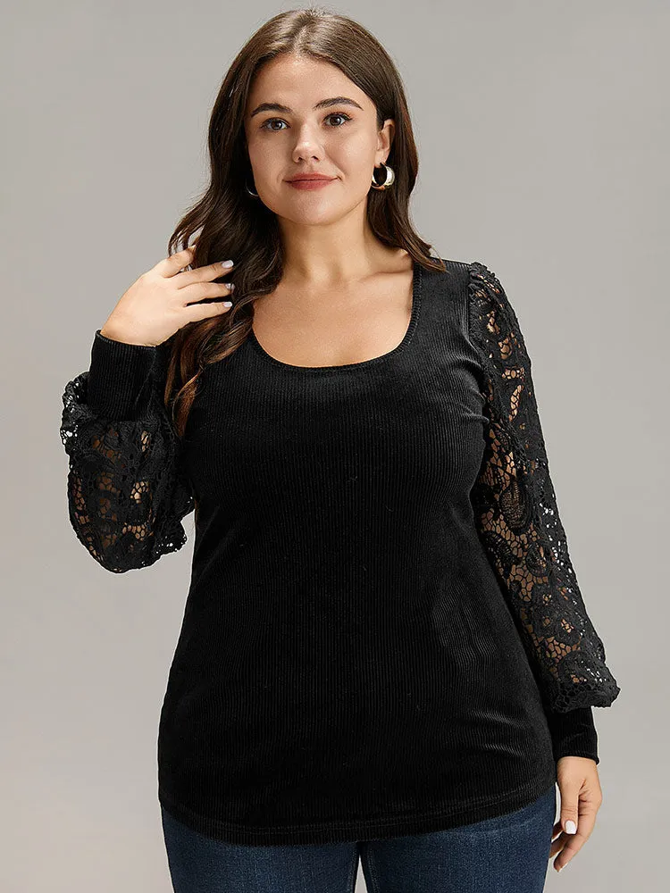 Lace Patchwork Square Neck Lantern Sleeve T-shirt sold by Bloomchic product image thumbnail 3