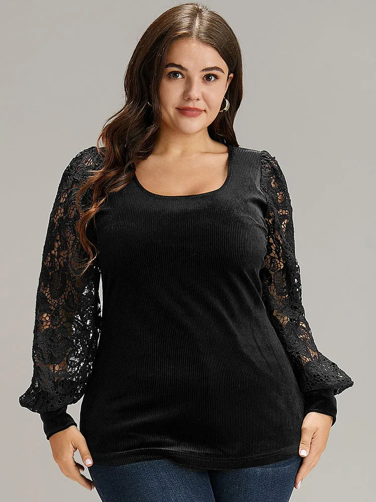 Lace Patchwork Square Neck Lantern Sleeve T-shirt sold by Bloomchic product image thumbnail 4