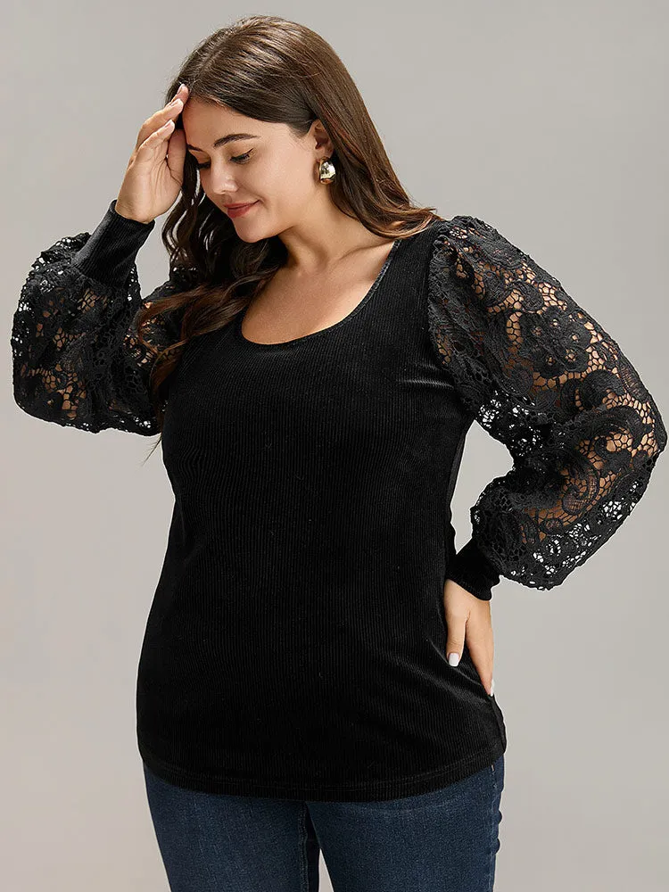 Lace Patchwork Square Neck Lantern Sleeve T-shirt sold by Bloomchic
