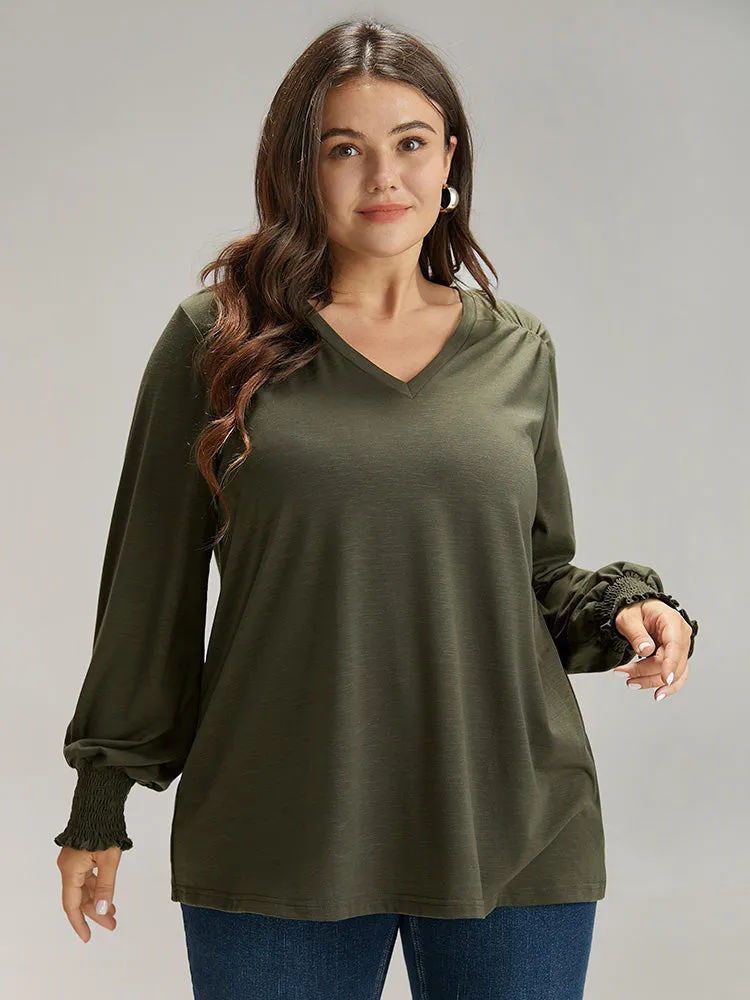 Plain V Neck Gathered Shirred Sleeve T-shirt sold by Bloomchic