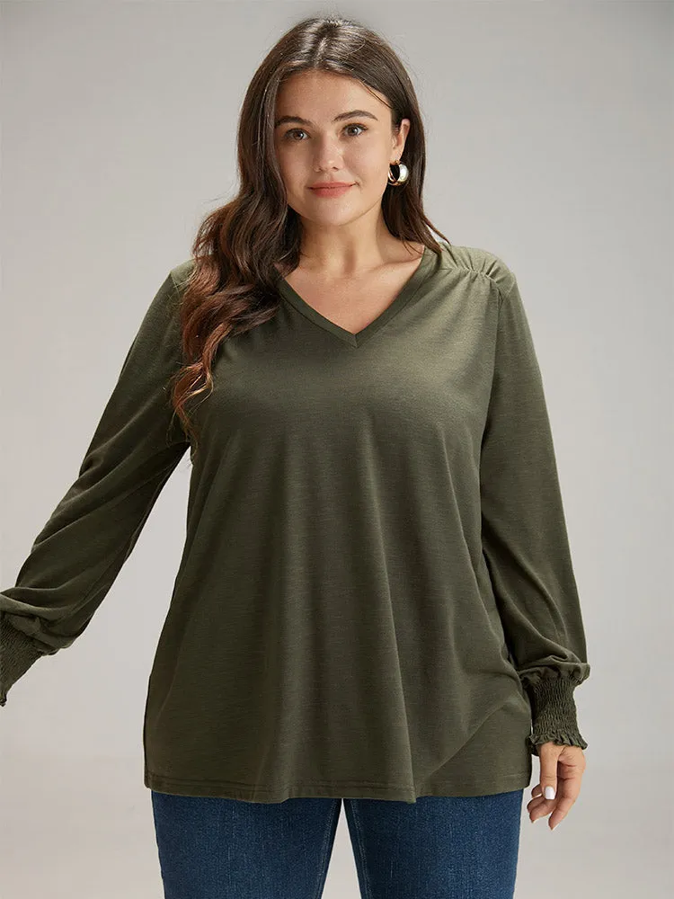 Plain V Neck Gathered Shirred Sleeve T-shirt sold by Bloomchic product image thumbnail 5