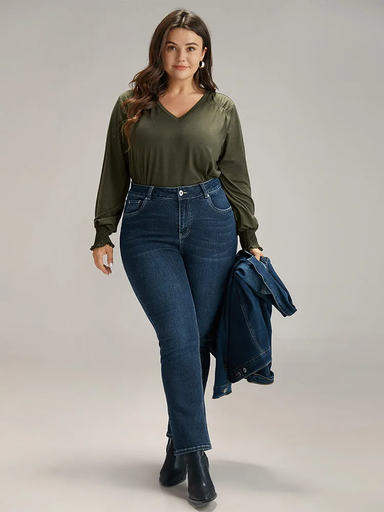 Plain V Neck Gathered Shirred Sleeve T-shirt sold by Bloomchic product image thumbnail 4