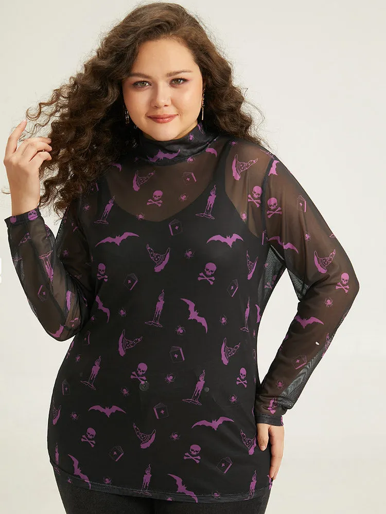 Halloween Mock Neck Skull Print Mesh T-shirt sold by Bloomchic product image thumbnail 4