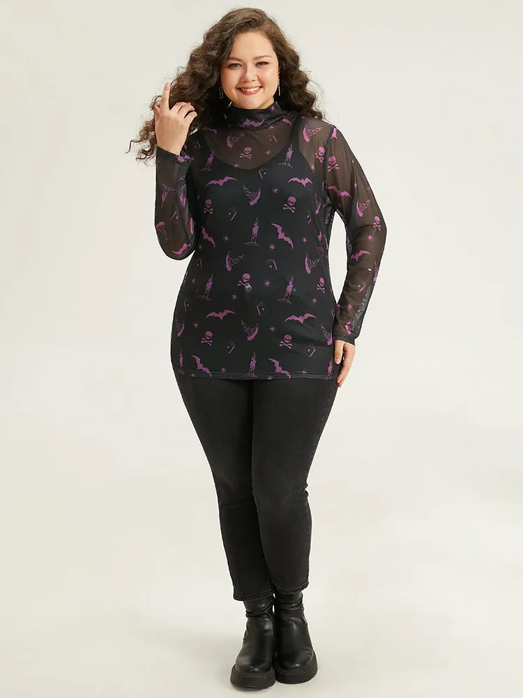 Halloween Mock Neck Skull Print Mesh T-shirt sold by Bloomchic product image thumbnail 5