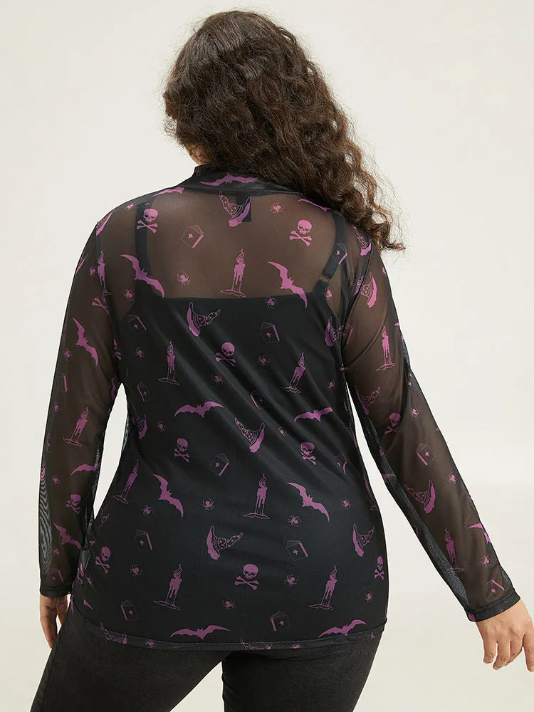 Halloween Mock Neck Skull Print Mesh T-shirt sold by Bloomchic product image thumbnail 2